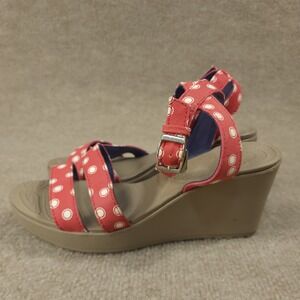 Crocs A-Leigh Wedge Sandals‎ Womens 8 Red White Polka Dot Canvas Strappy 15313